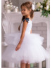 Beaded Navy Blue Lace White Tulle Tiered Flower Girl Dress Beaded Navy Blue Lace White Tulle Tiered Flower Girl Dress
